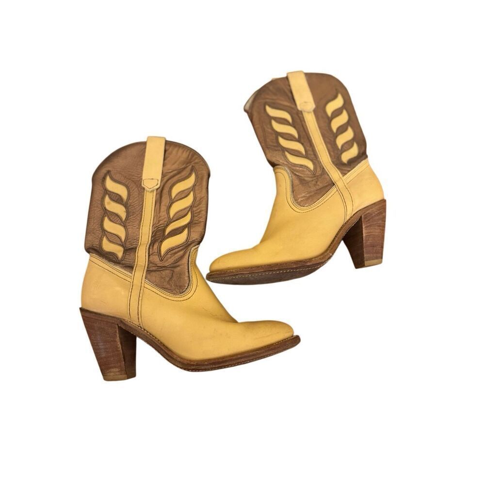 Frye Vintage Tan & Metallic Bronze Leather Cowboy Boots Stacked Heels Size 8
